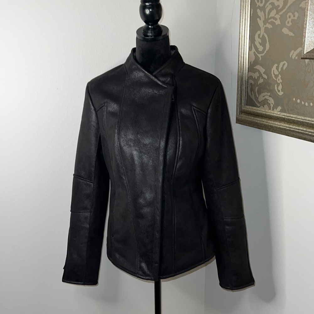 CACHE Moto jacket bomber faux leather faux fur lined Sz M